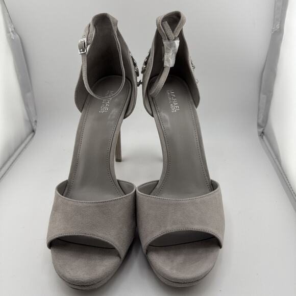 Michael Kors Patti Platform Soft Suede Leather Jewel Women's 10M Pearl Grey Heel - Picture 3 of 9